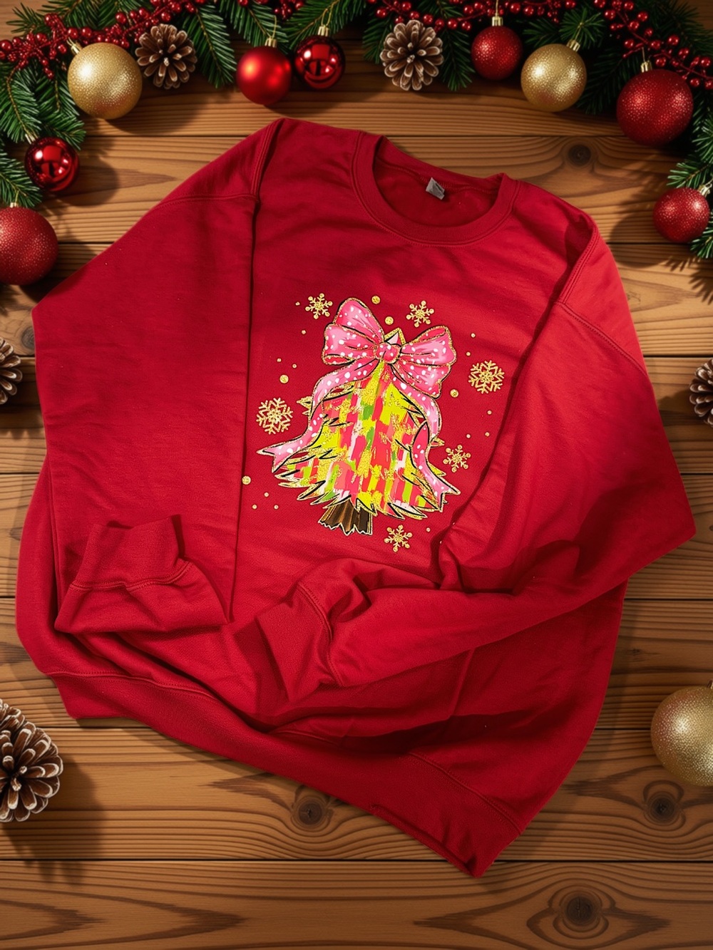 Gildan Red Crewneck Sweatshirt with Pink Bow Bell Graphic